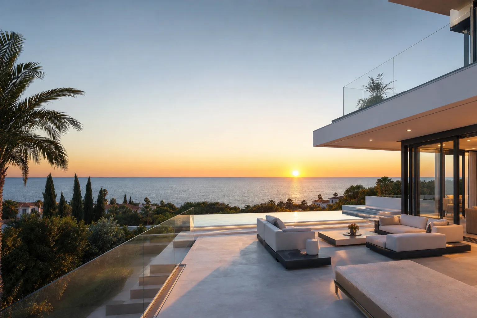 Cyprus coastline with luxury cliffside villas at golden hour